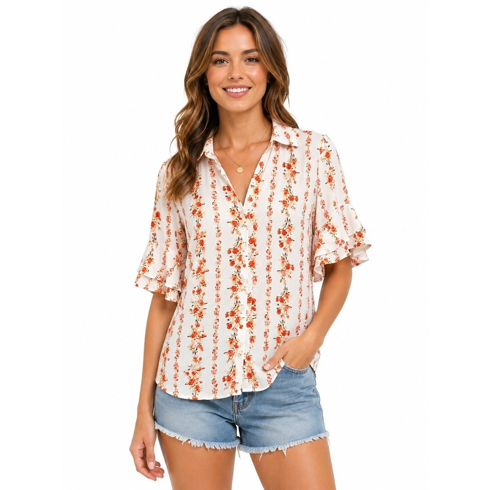 Soho Jeans Floral Button Up Blouse Ruffle Sleeves Womens Size Small Workwear